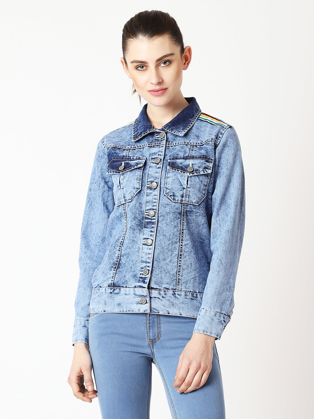 Women's Light Blue Collared Full Sleeve Solid Buttoned Ice Wash Multicolored Twill Tape Detailing Denim Jacket