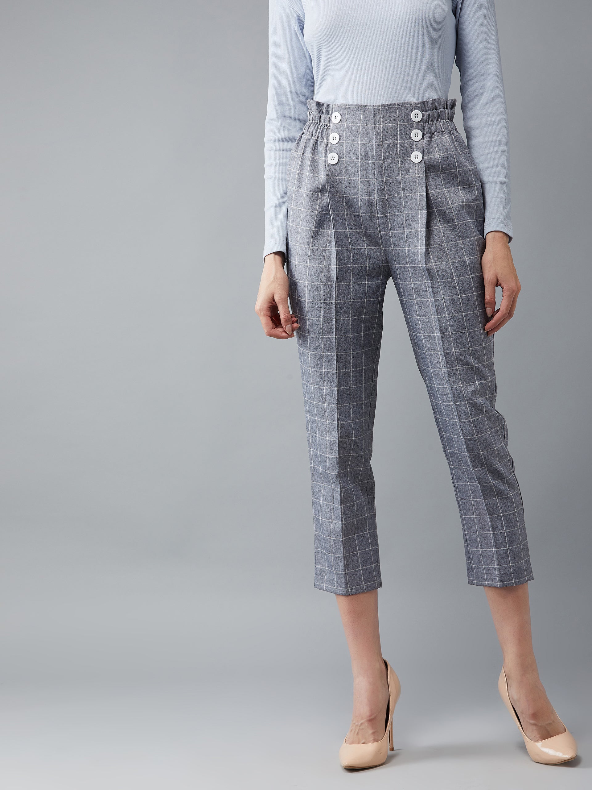 Women's Grey & White Polycotton Checkered Gathered/Pleated Cropped Trouser