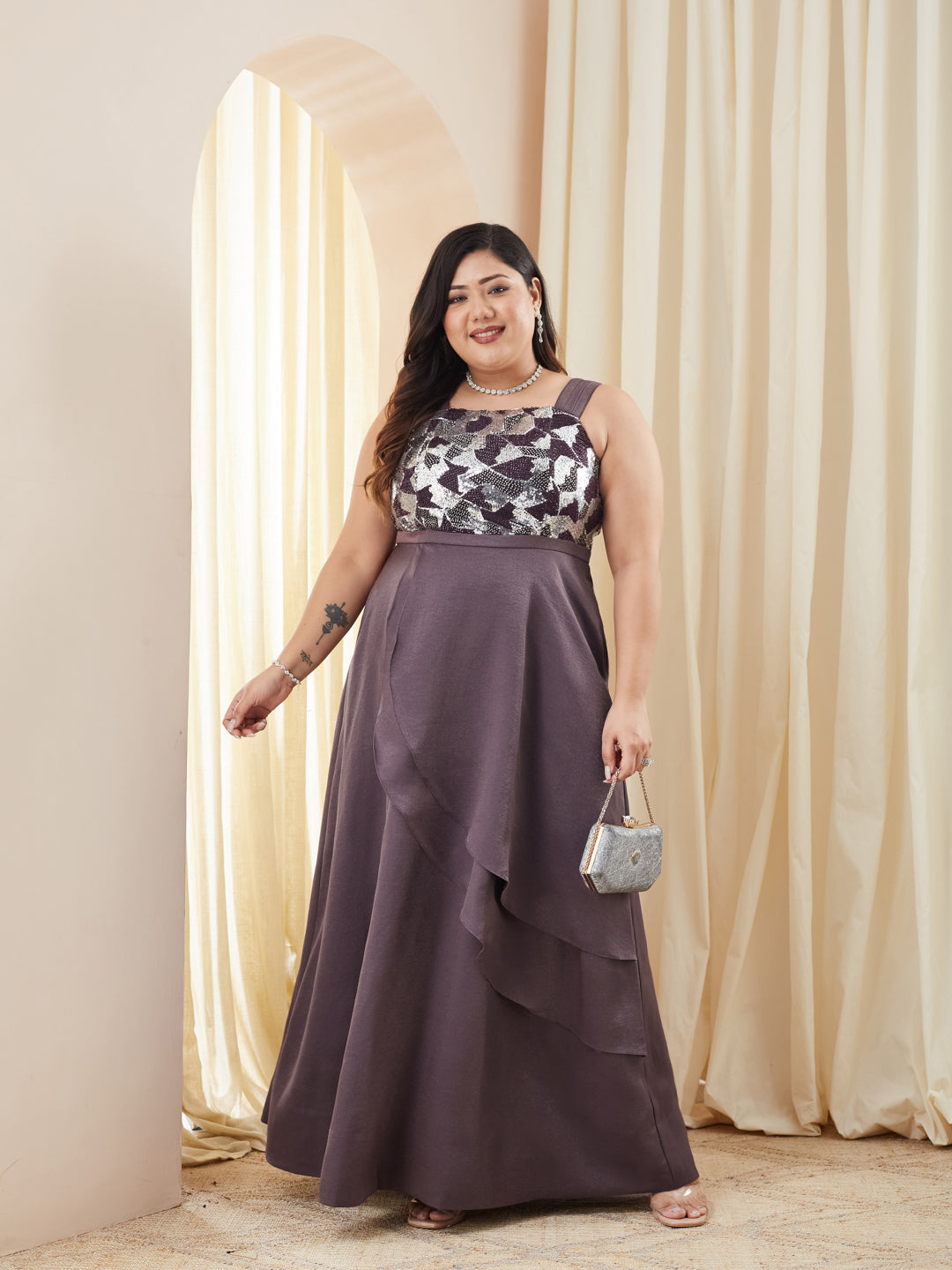 Dusty Purple Square Neck Gown in Layered Embellished Satin for Women
