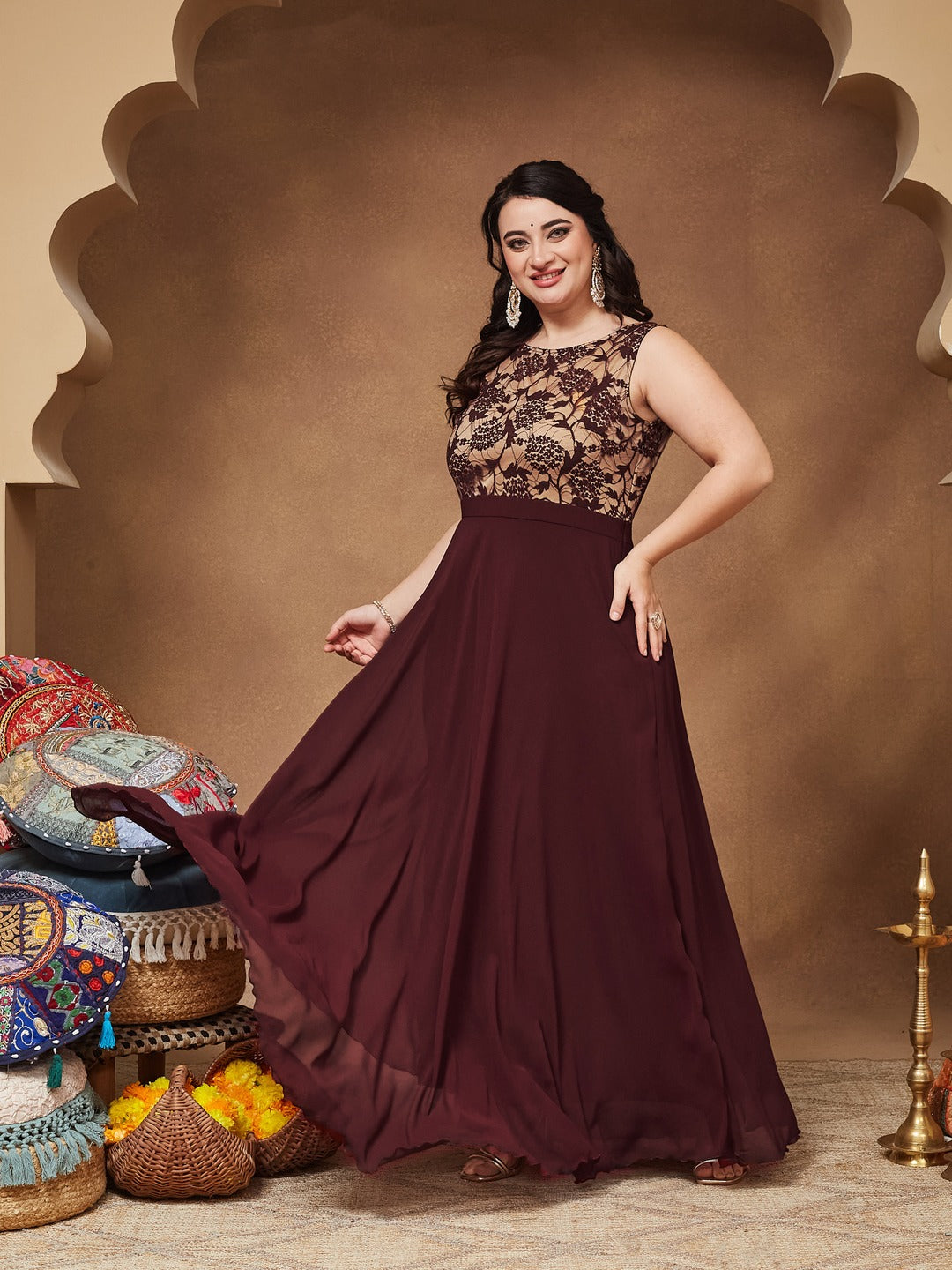 Beige & Wine Round Neck Sleeveless Georgette Floral Lace Fit & Flare Maxi Dress for Women