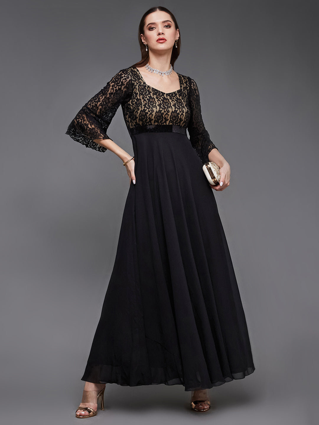 Women's Black Sweetheart-Neck Full Sleeve Floral Lace-Overlaid Georgette Maxi Dress