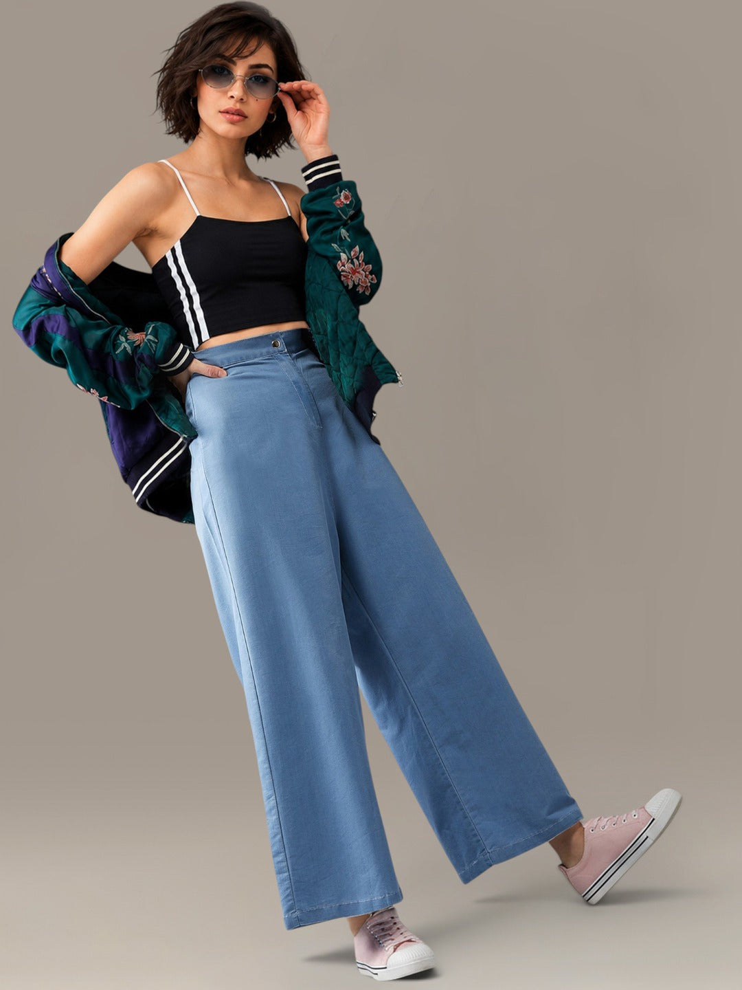 Blue Flared Wide-Leg High Rise Non Stretchable Denim Pants for Women