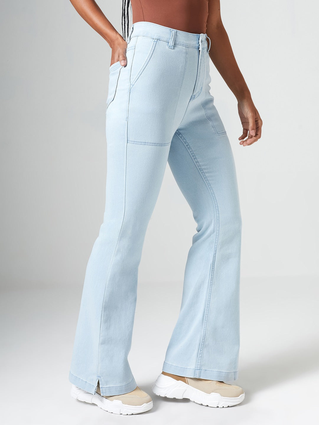 Light Blue Bootcut High rise Clean look Regular Stretchable Denim Jeans for Women
