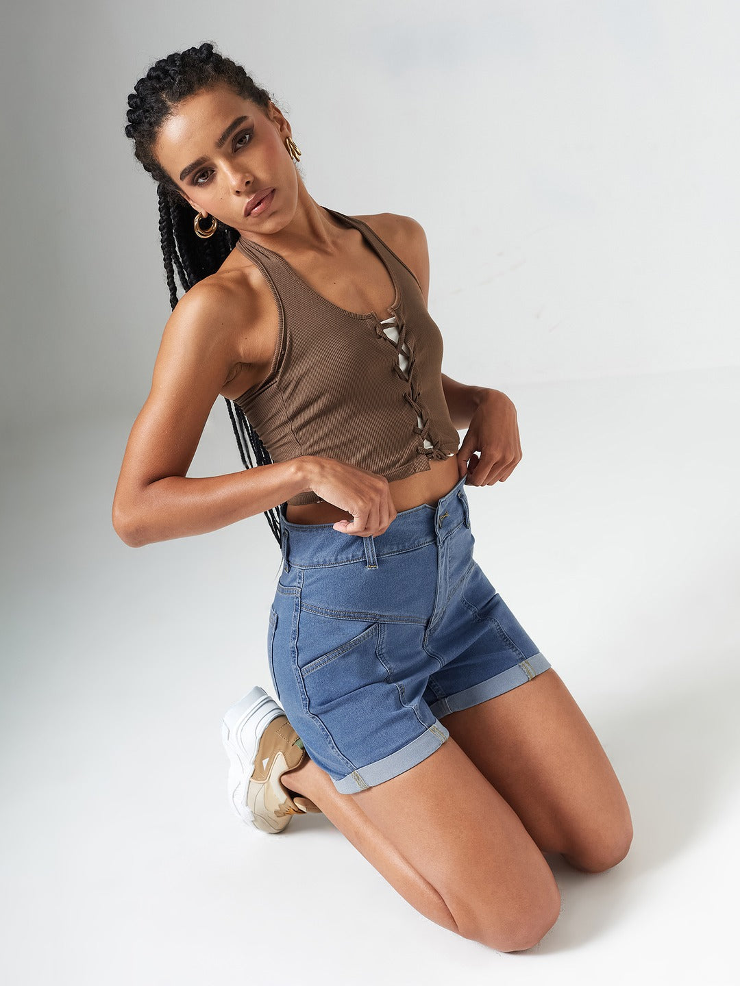 Blue Relaxed-Fit High-Rise Clean-Look Stretchable Blue Denim Shorts for Women