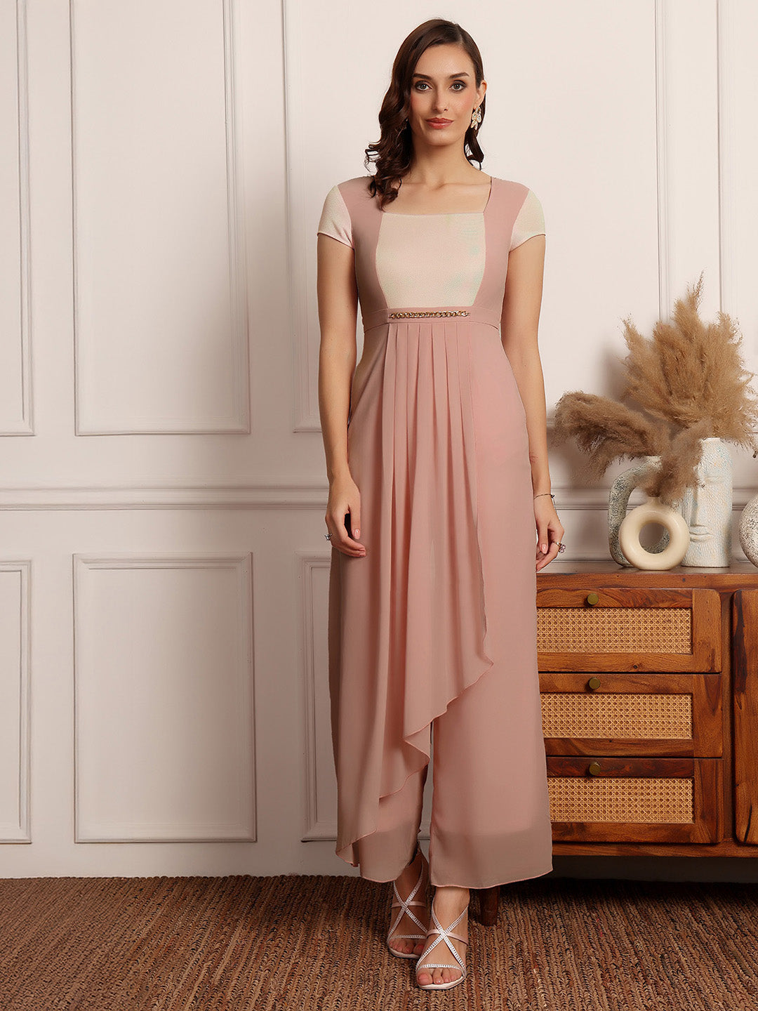 Women's Dusty Peach Square Neck Short Sleeve Embellished Pleated Regular-Length Jumpsuit