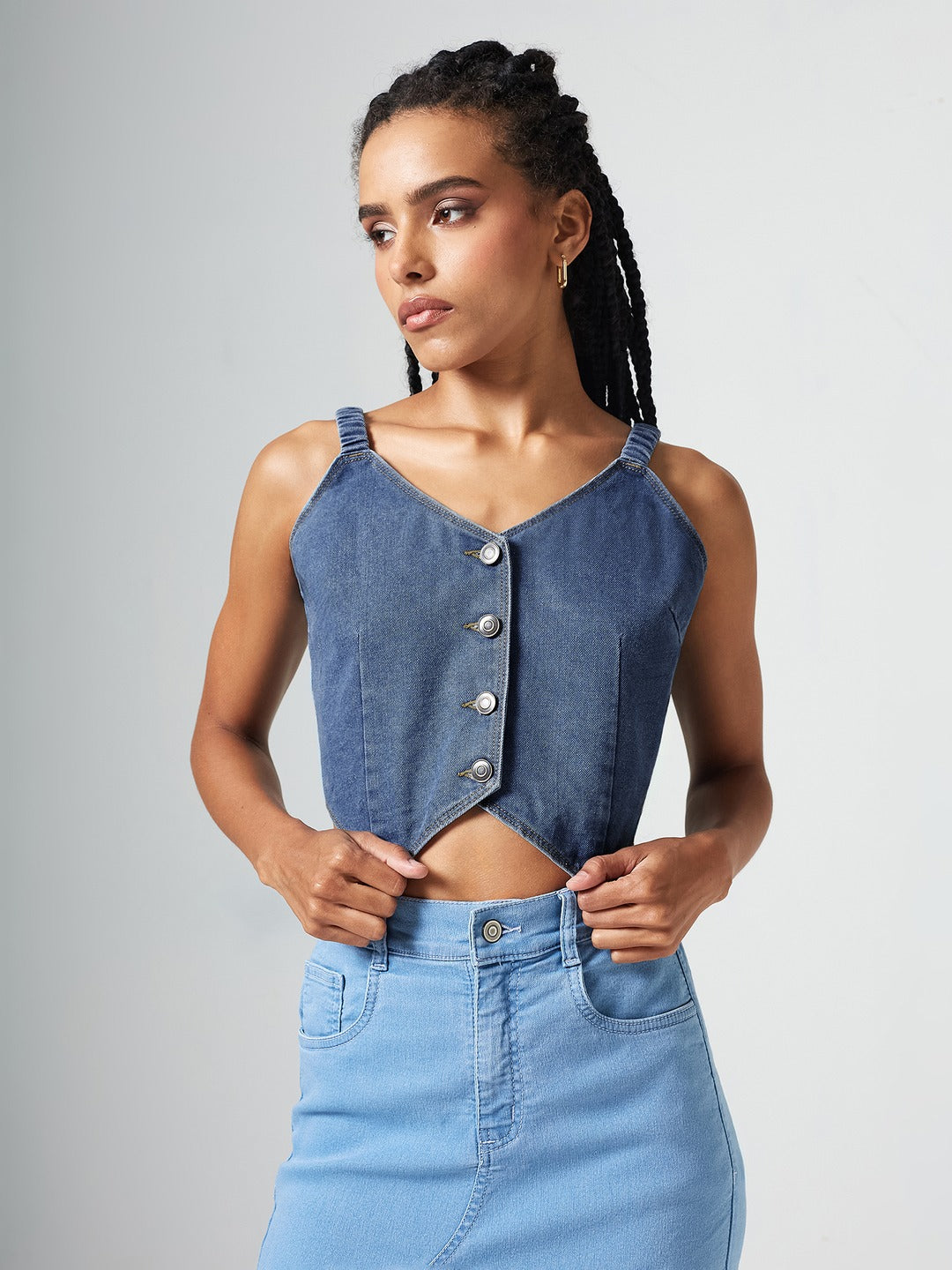 Mid Blue V Neck Elasticated Straps Sleeve Solid Waistcoat-Styled Cropped Denim Top for Women