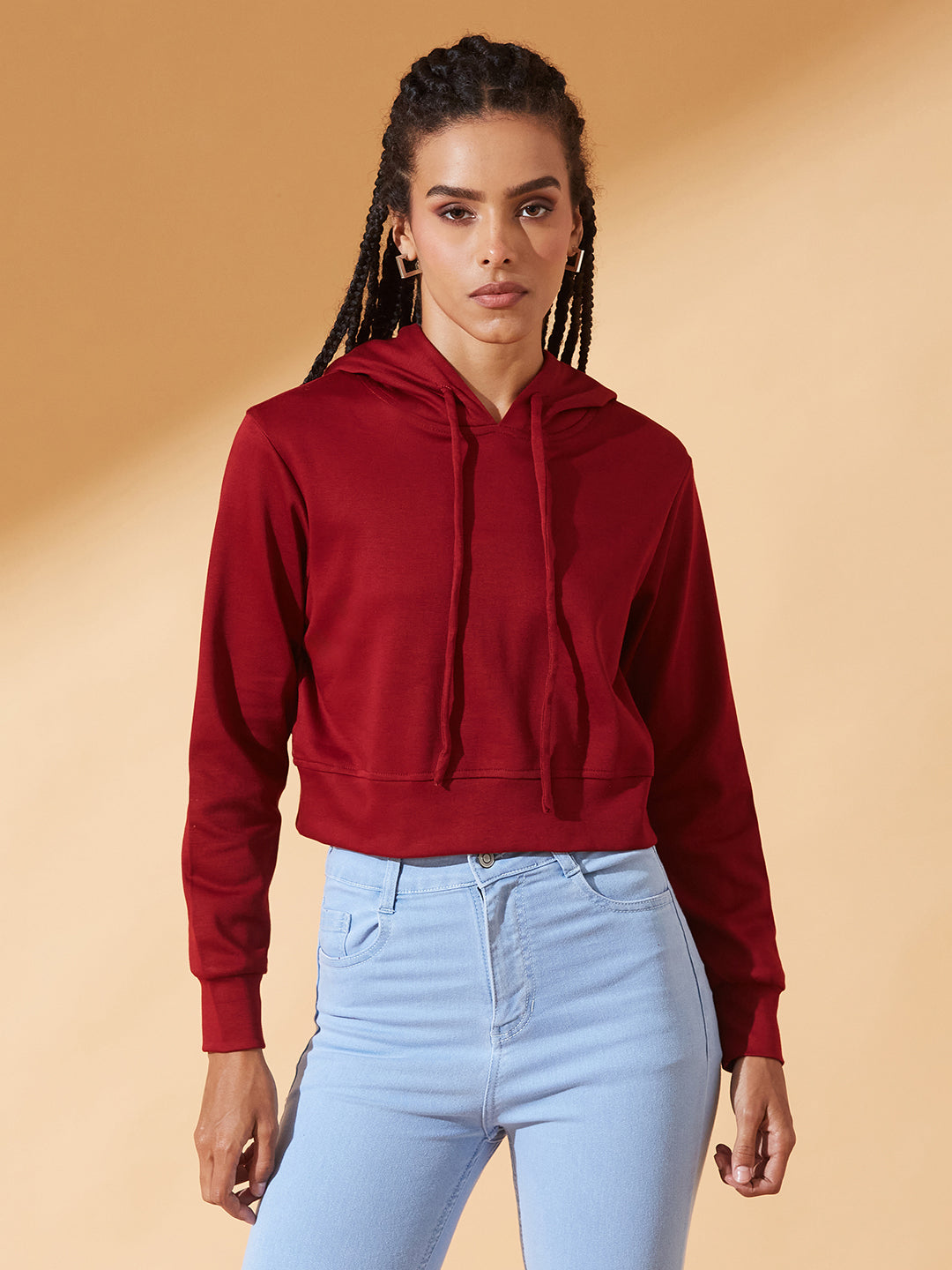 Maroon Solid Round Neck Full Sleeve Hooded Boxy Crop Sweatshirt for Women