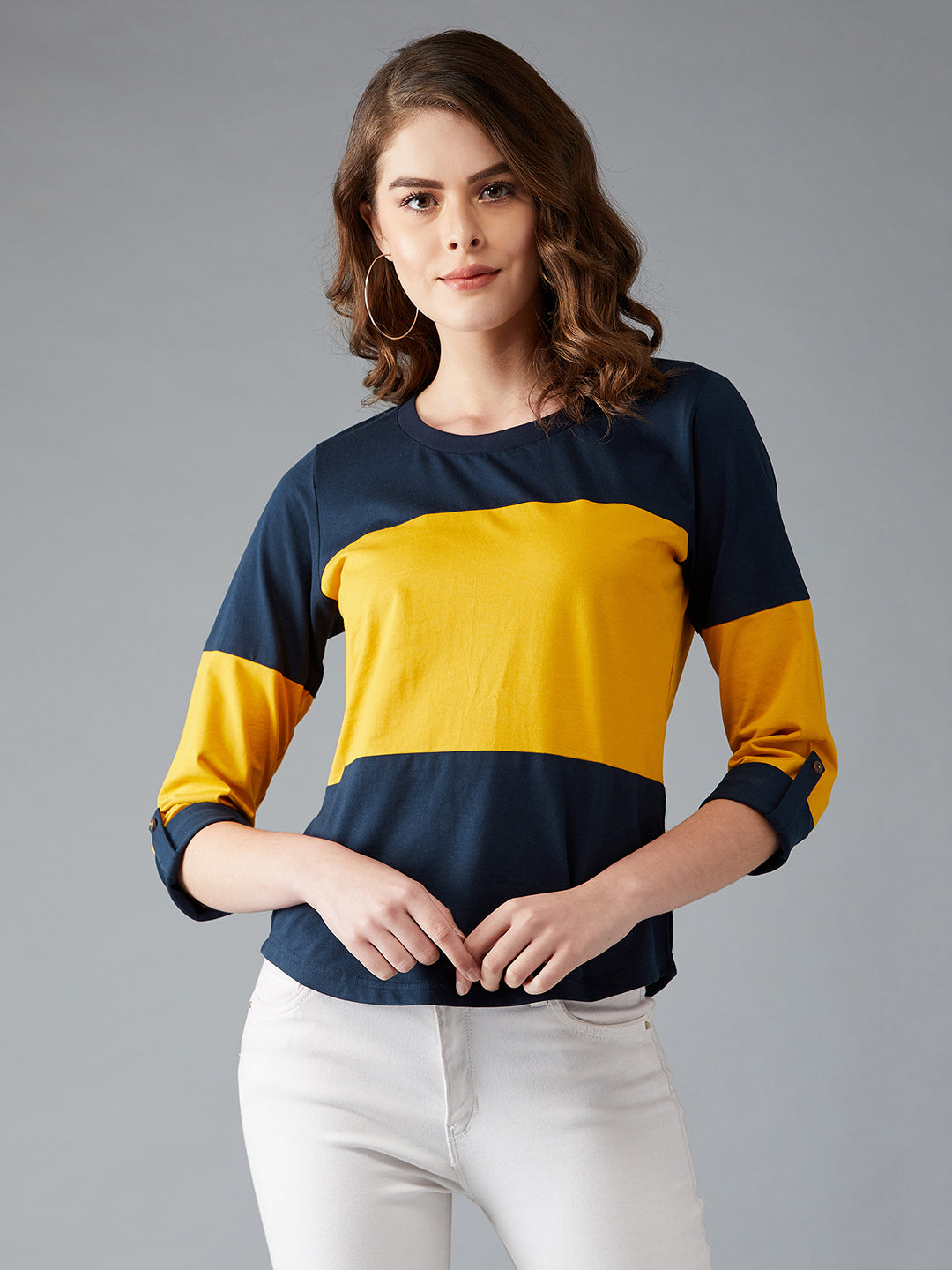 Women's Navy Blue and Mustard Round Neck Full Sleeve Solid Paneled Regular T-Shirt