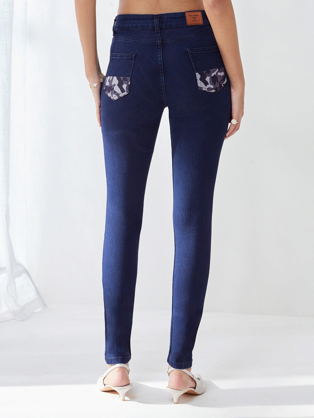 Navy Blue Printed Fabric Detailing Skinny Fit Mid Rise Denim Stretchable Jeans for Women