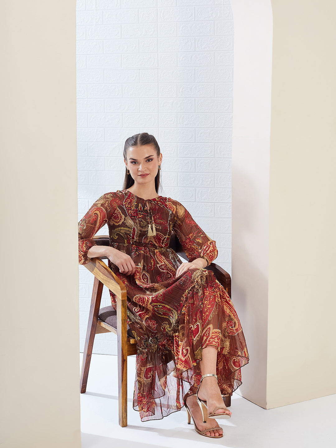 Brown Relaxed Fit Maxi Lurex Chiffon Dress for Women