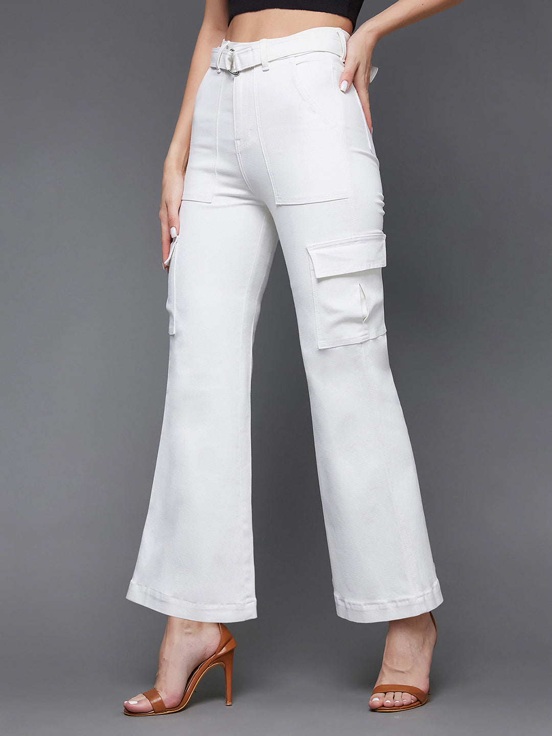 Women's White Wide Leg High Rise Clean Look Regular Stretchable Denim Jeans