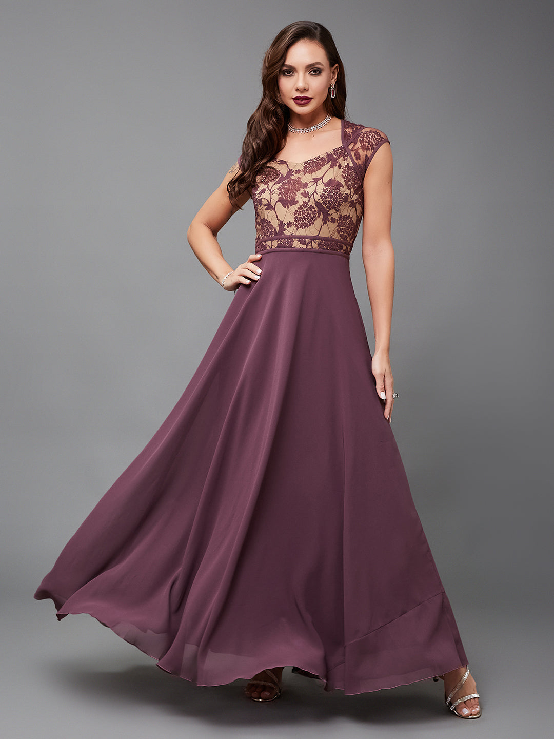 Women's Mauve Sweetheart-Neck Raglan-Sleeve Self-Designed Fit & Flare Georgette Maxi Dress