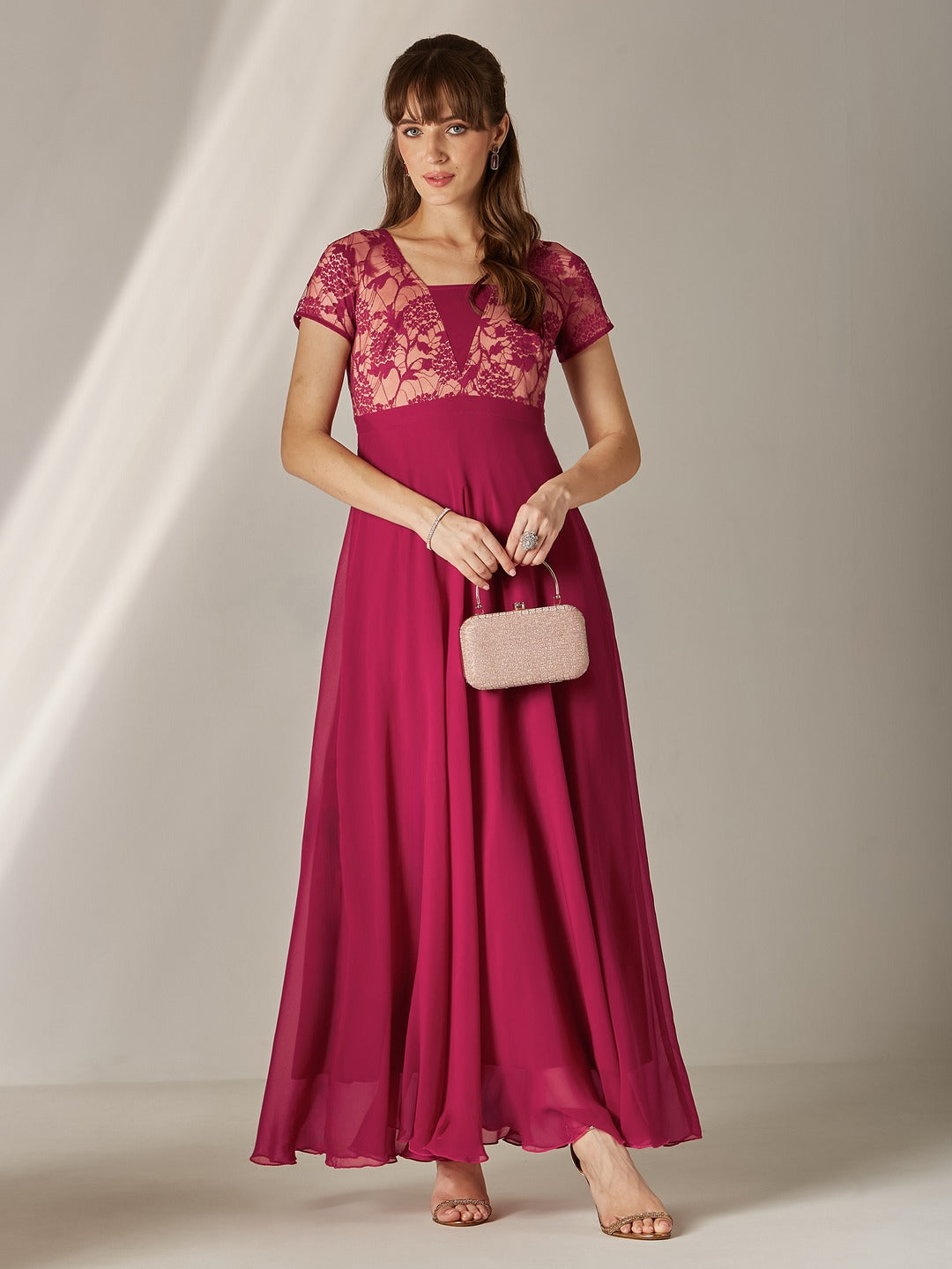 Dark Pink Square Neck Raglan Short Sleeve Self Design Lace Overlaid Georgette Maxi Dress for Women