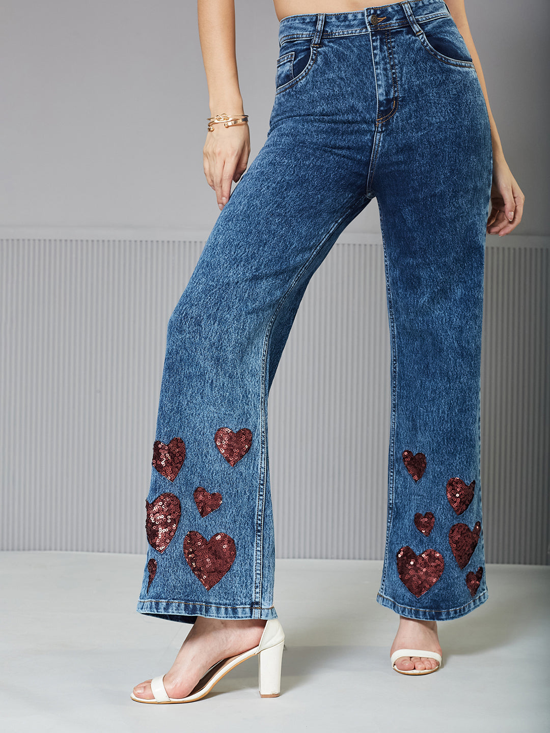 Mid-Blue Wide-Leg High-Rise Regular Stretchable Denim Jeans for Women