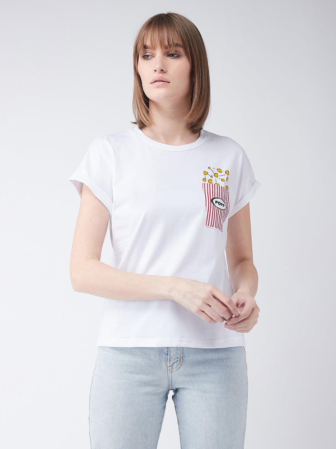 Women's White Cotton Round Neck Short Sleeve Graphic Print Basic T-Shirt