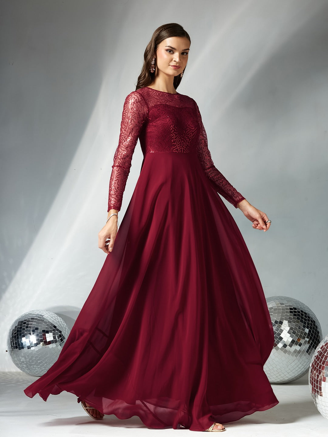 Maroon Solid Embellished Maxi Dress for Women