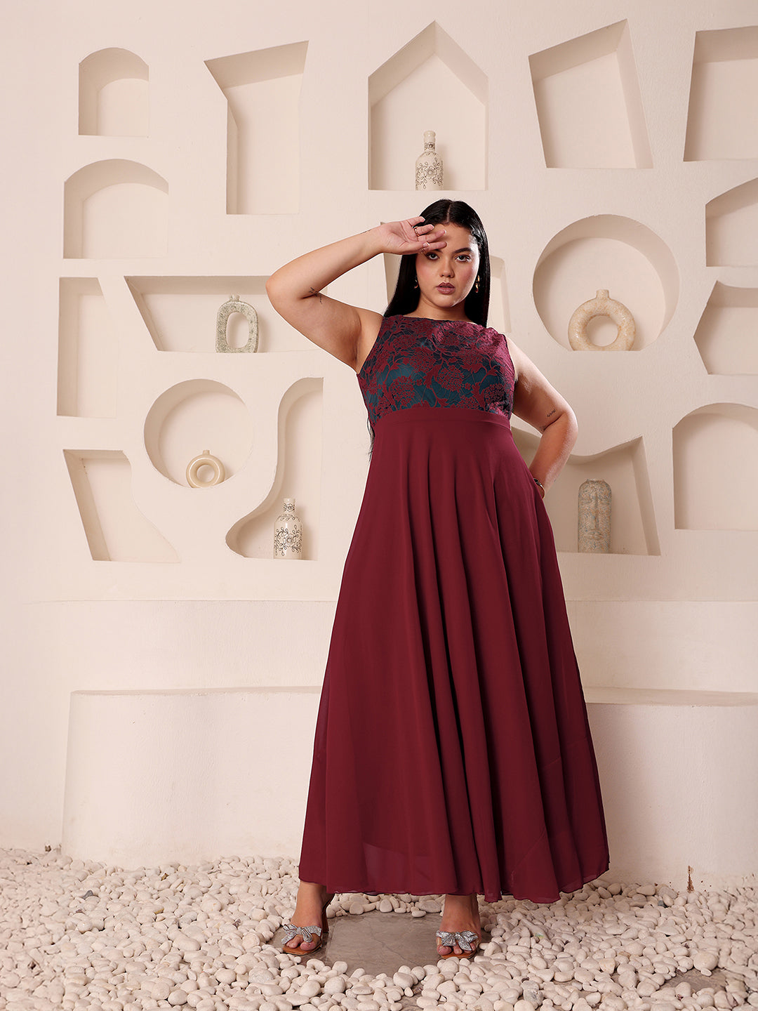Body Bliss Maroon & Teal Boat Neck Sleeveless Self-Design Lace-Overlaid Maxi Dress