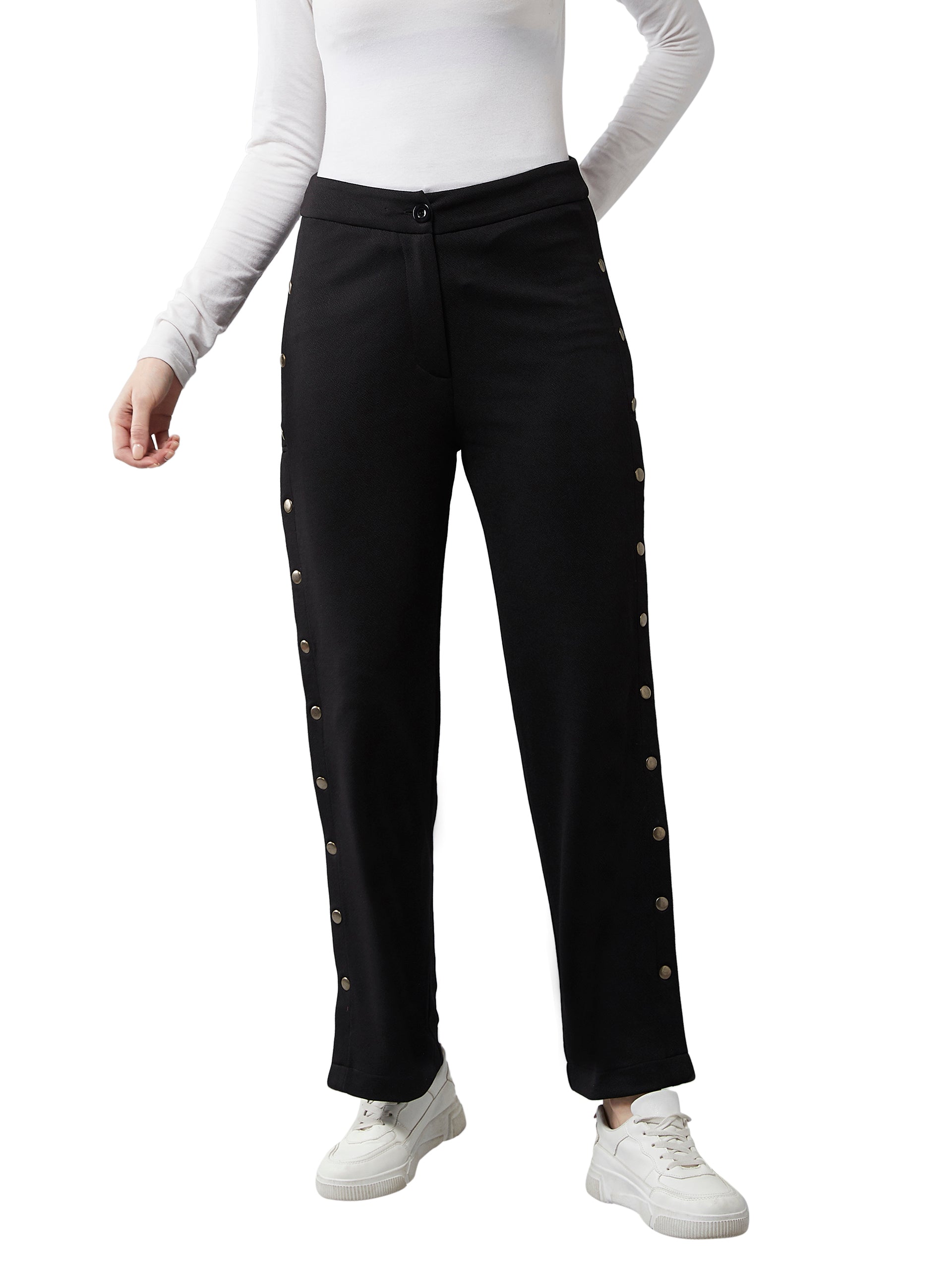 Women's Black Solid Regular Fit Flared Trouser