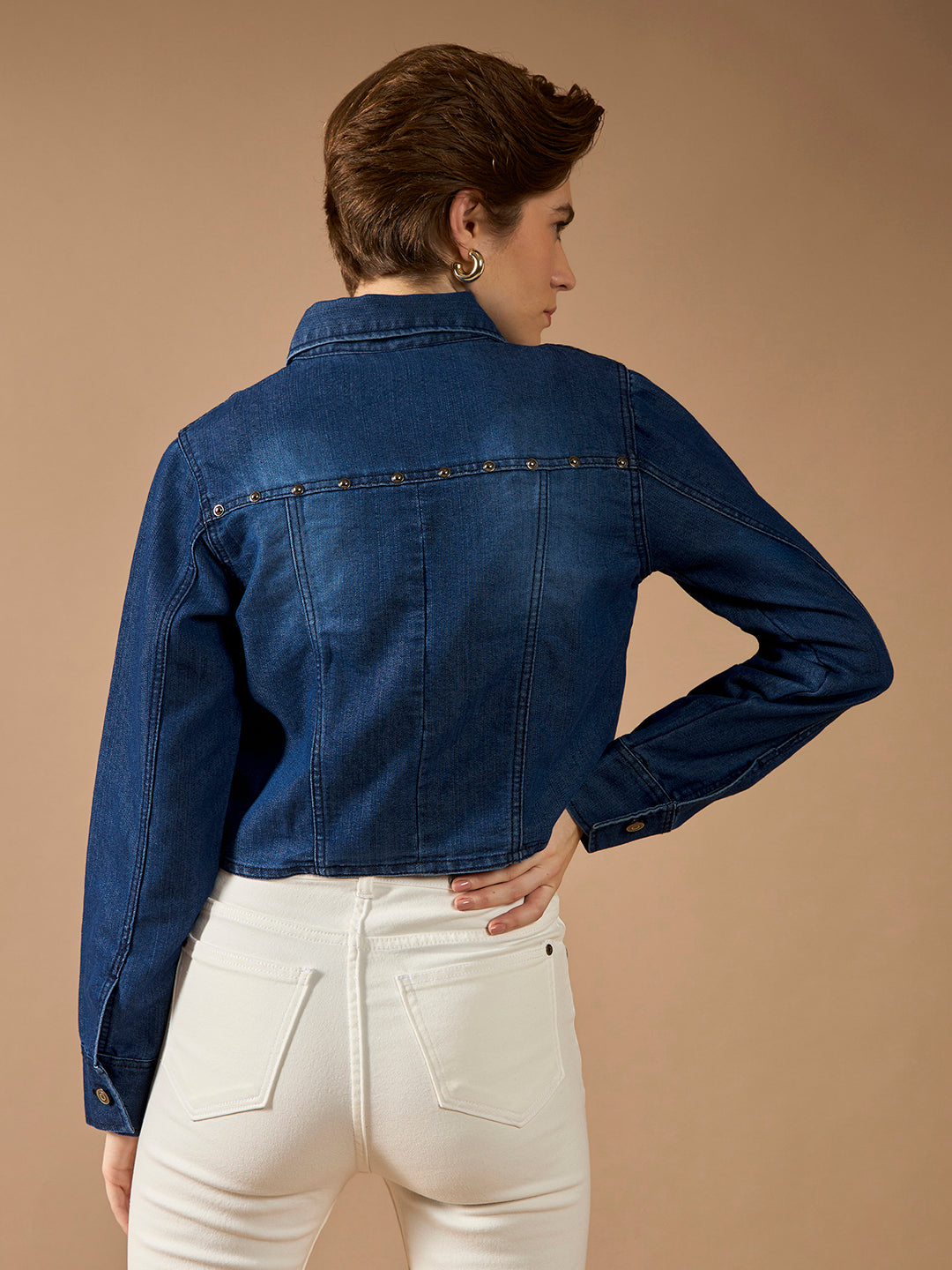 Women's Navy Blue Solid Polo Neck Full Sleeves Buttoned Denim Embellished Cropped Jacket