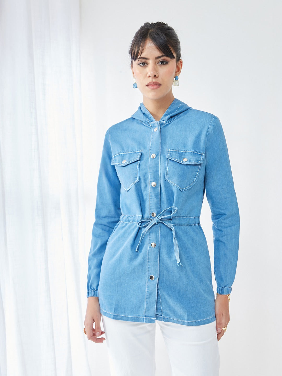 Light Blue Round Neck Full Sleeve Solid hoody with tie-up Long Denim Jacket for Women
