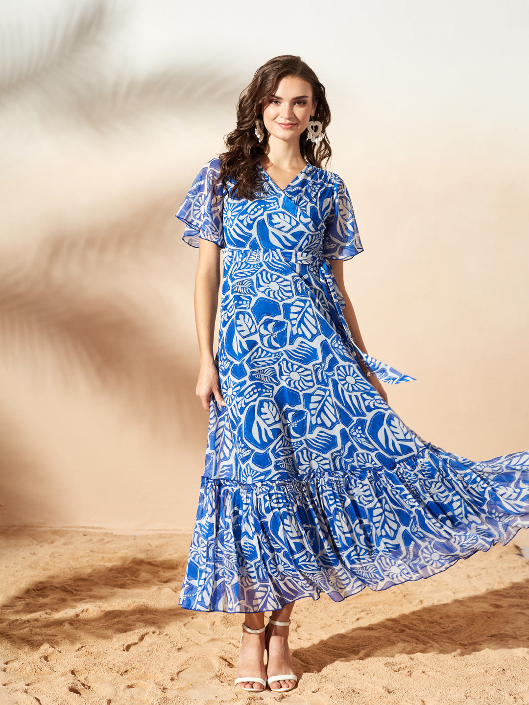 White & Blue Floral Printed Flutter Sleeves Maxi Dress for Women