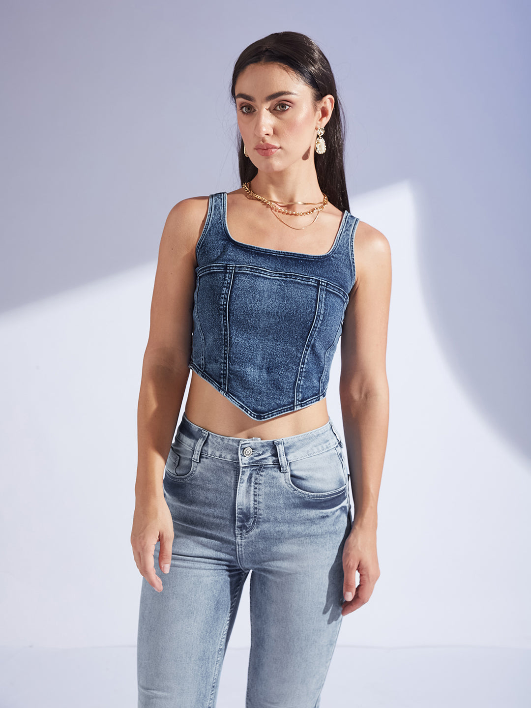 Women's Navy-Blue Square-Neck Sleeveless Zipper Corset Denim Crop Top