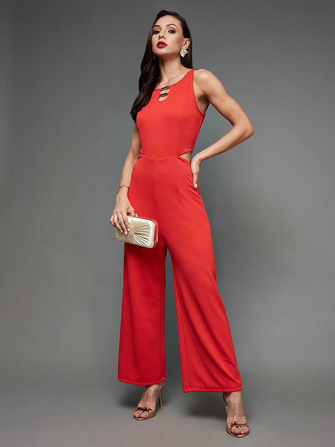 Crease Ease Women's Red Solid Slim Fit Round Neck Sleeveless Regular Length Waist Cut-Out Jumpsuit