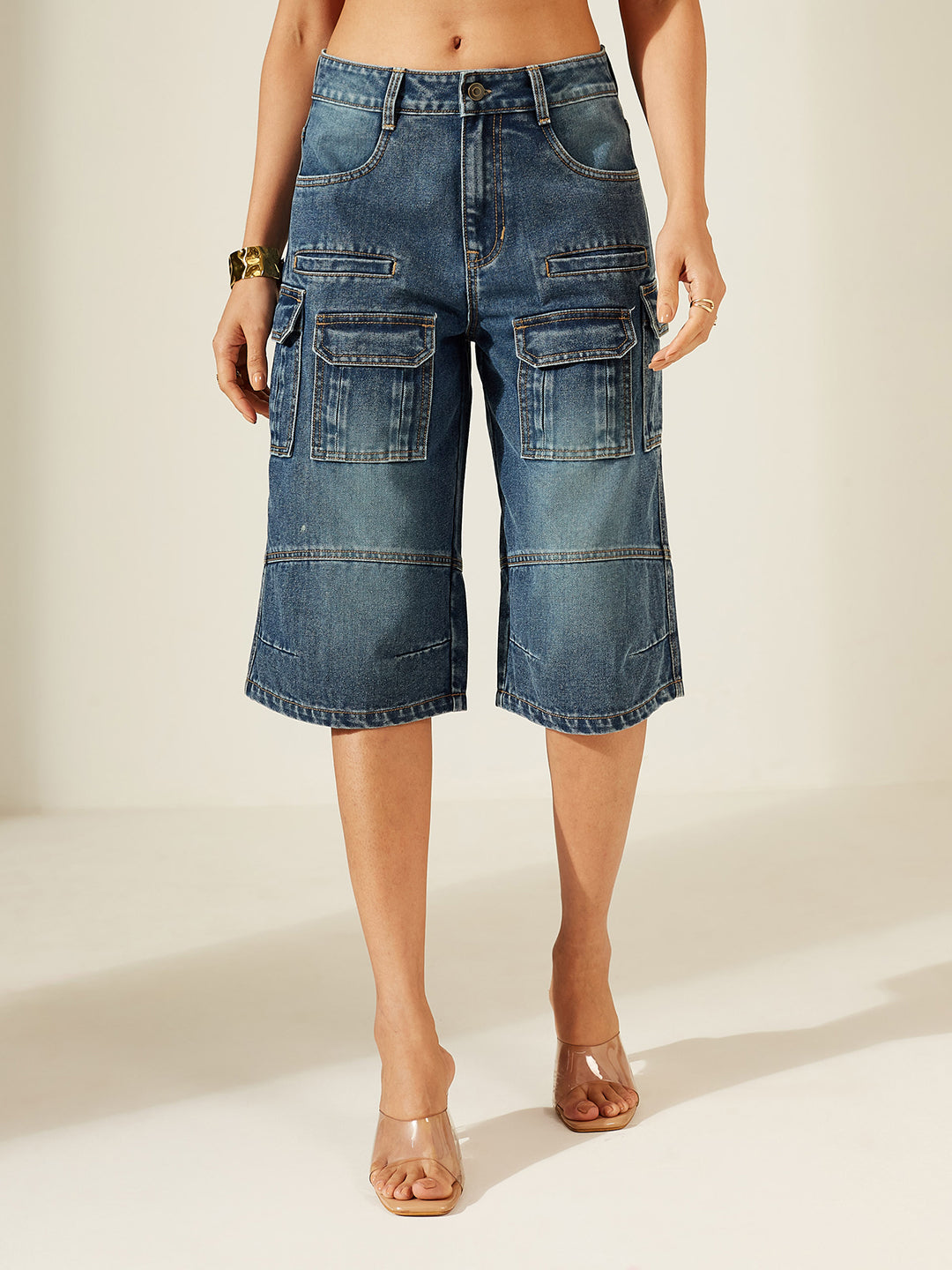 Dark Blue High-Rise Stretchable Denim Shorts for Women — Miss Chase