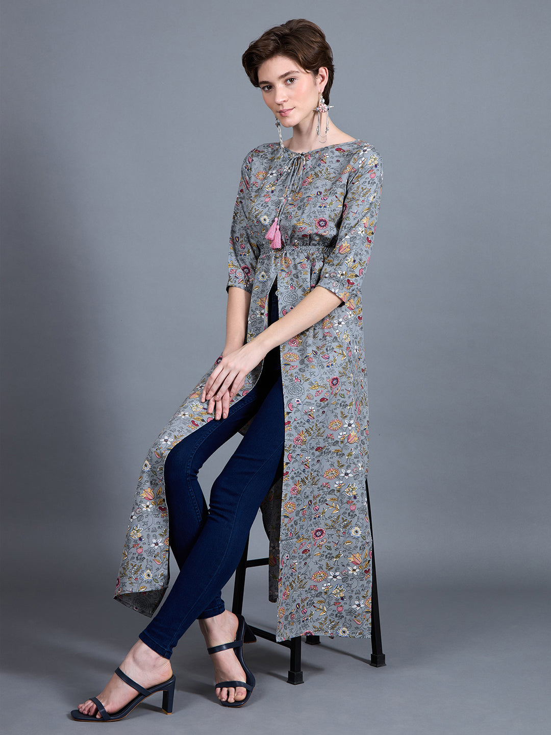 Women's Multicolored-Base-Grey Round neck 3/4th Sleeve Floral Elasticated Maxi Top