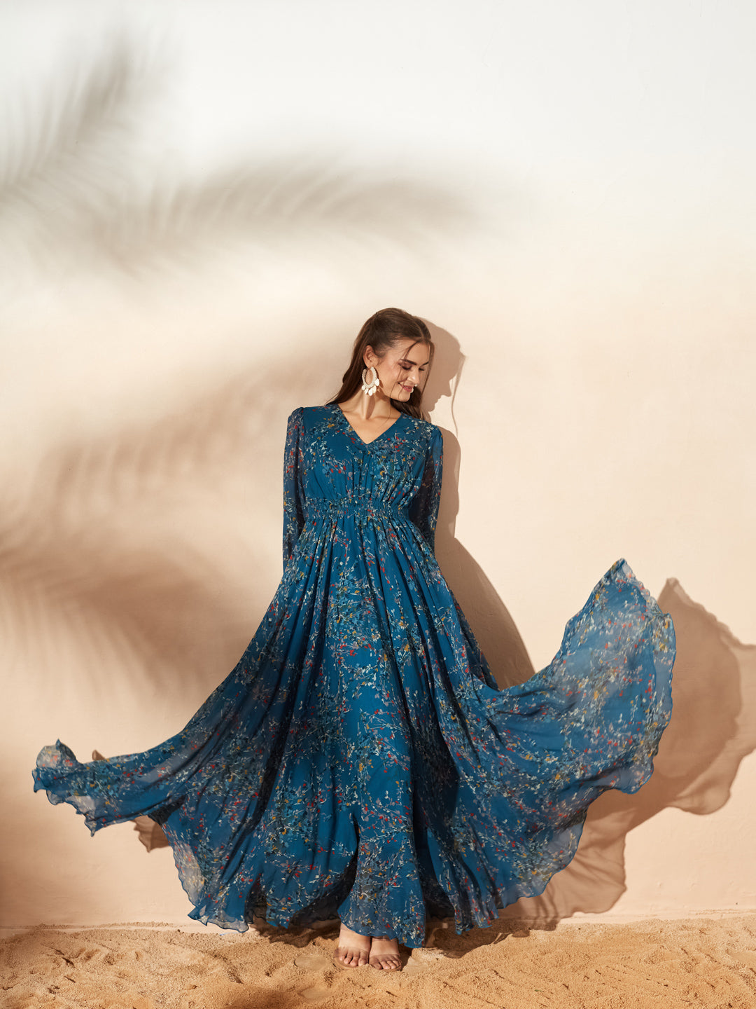 Teal Full Sleeves Floral Printed Fit and Flare Dress for Women