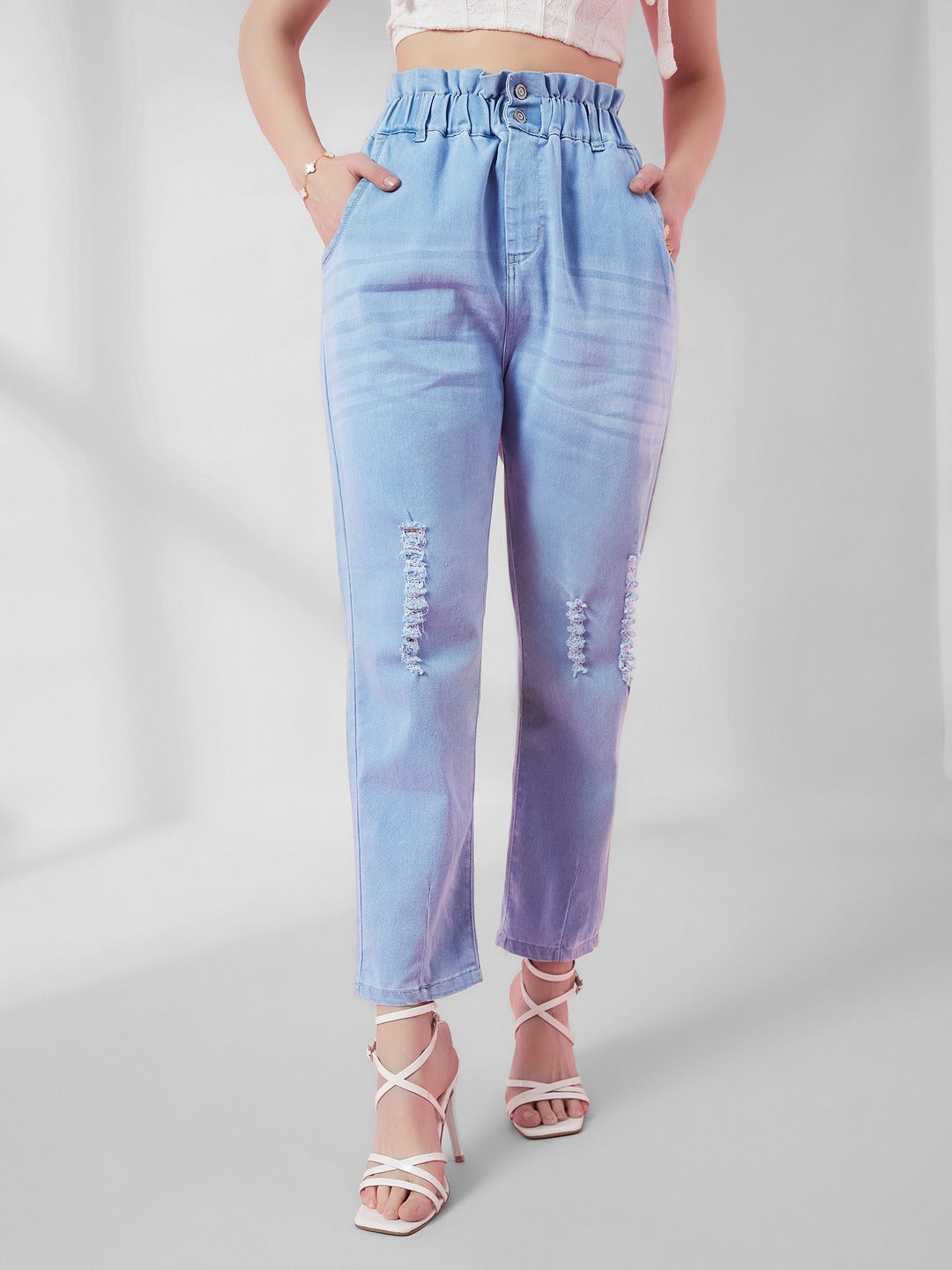 Light Blue Mom Jeans high-rise Mild Distress Regular Stretchable Denim Jeans for Women