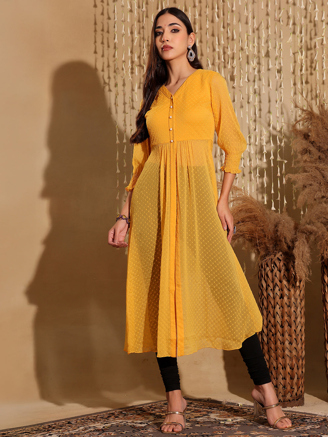 Women's Mustard Yellow V-Neck 3/4 Sleeves solid empire Maxi Top
