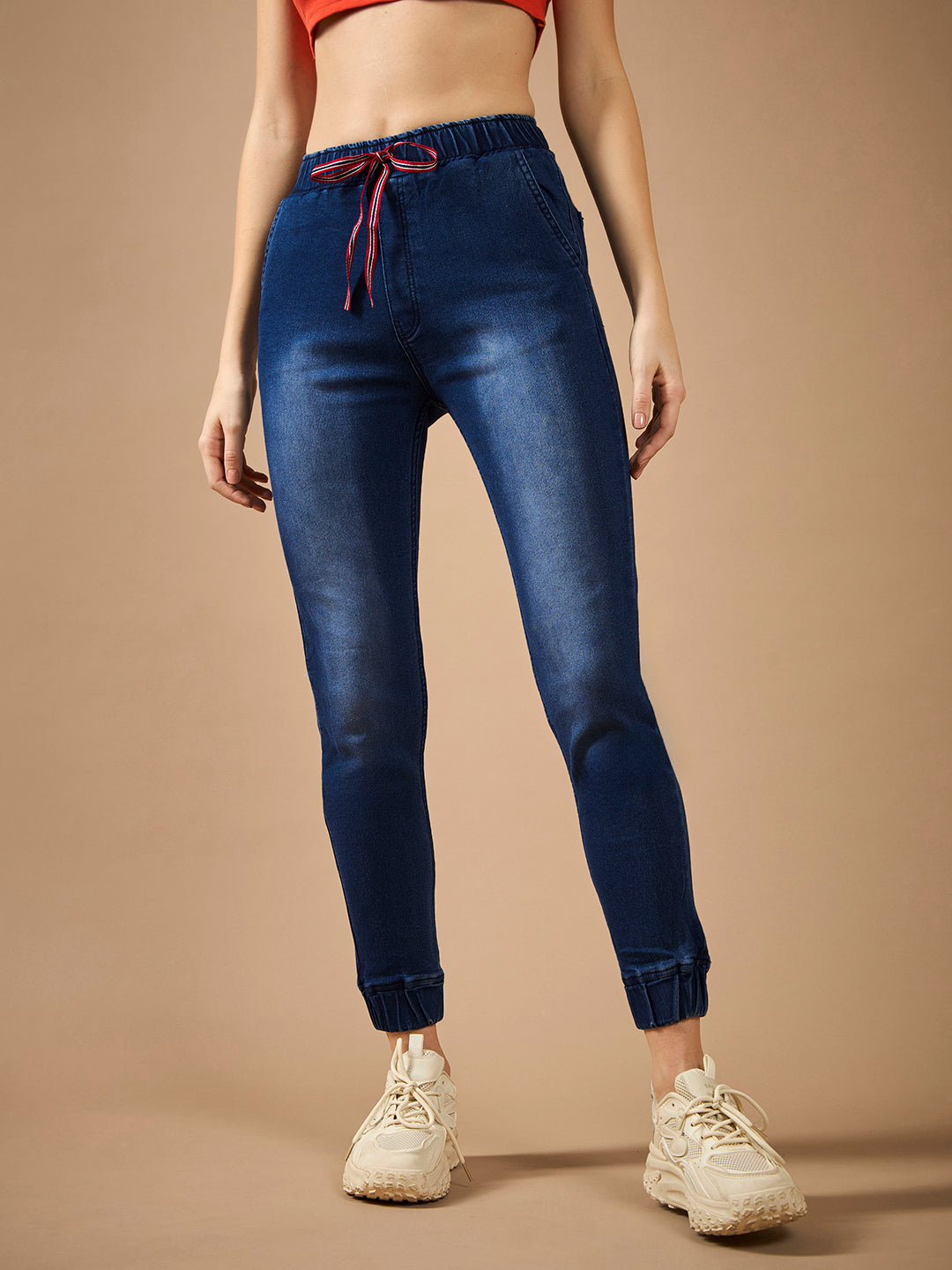 Women's Navy Blue Solid Mid-Rise Clean-Look Regular-Length Stretchable Denim Jogger Pants