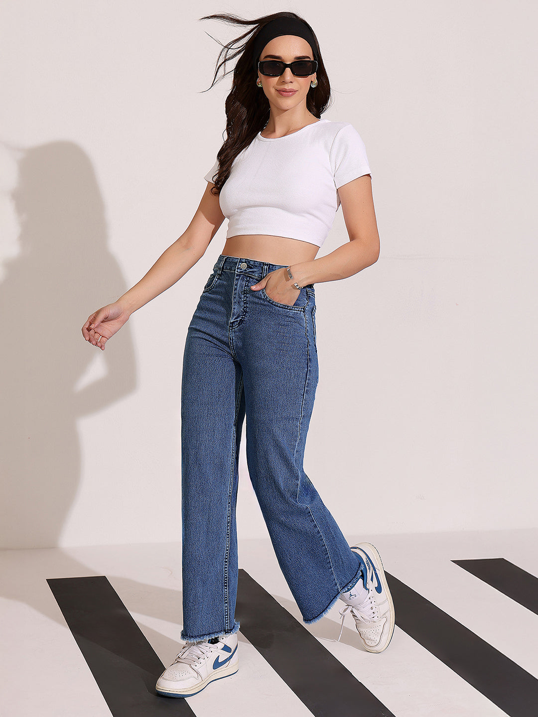 Women's Navy-Blue Wide-Leg High Rise Regular-Length Stretchable Denim Jeans