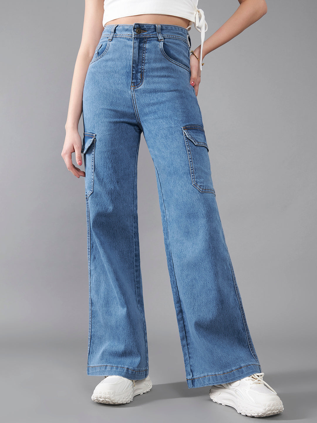 24/7 Comfort Women's Blue Wide Leg High Rise Mildly Distressed Regular Length Stretchable Cargo Denim Jeans