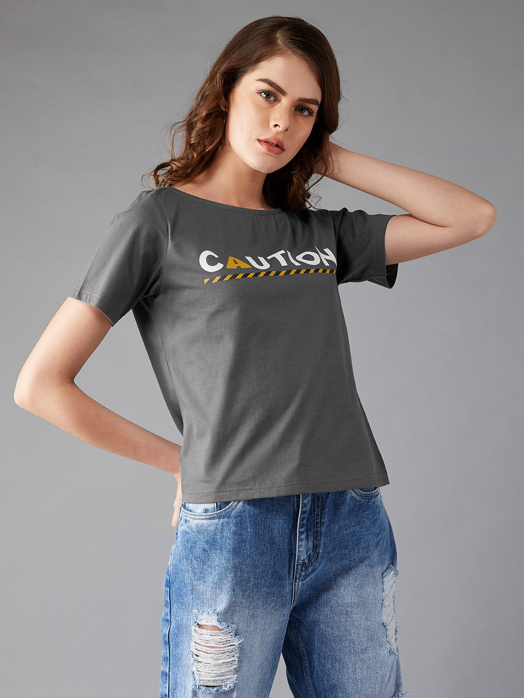 Women's Charcoal Grey Boat Neck Short Sleeve Printed Cropped T-Shirt