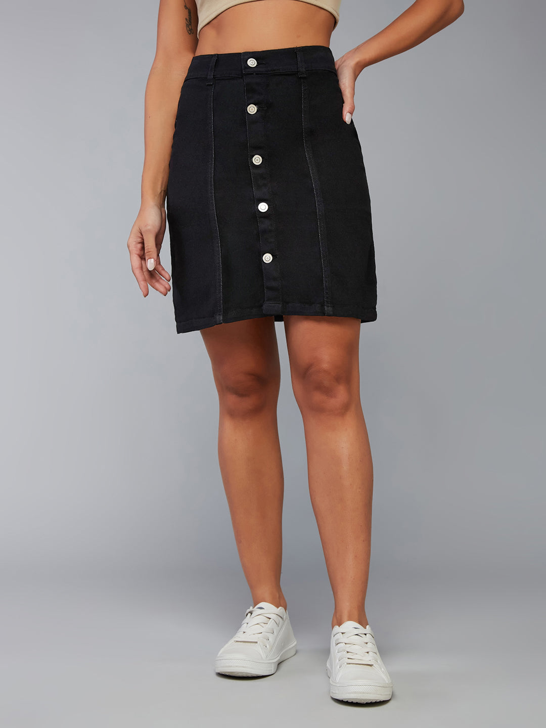 Women's Black Stretchable Solid Bodycon Mini Denim Skirt