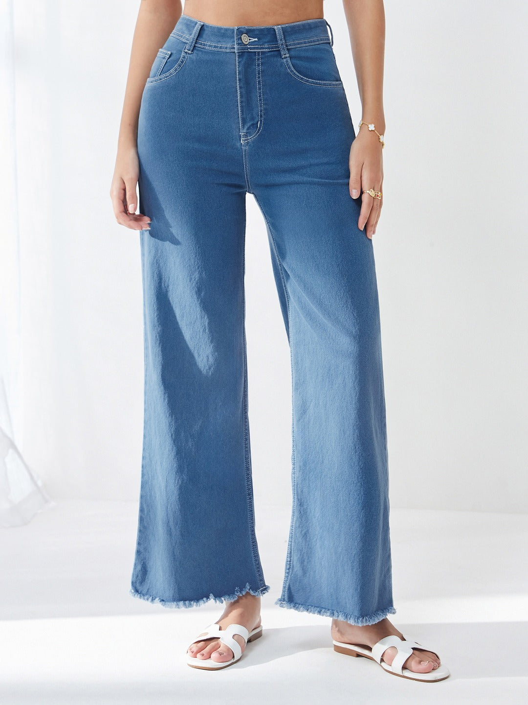 Blue Wide-Leg High-Rise Stretchable Denim Jeans for Women