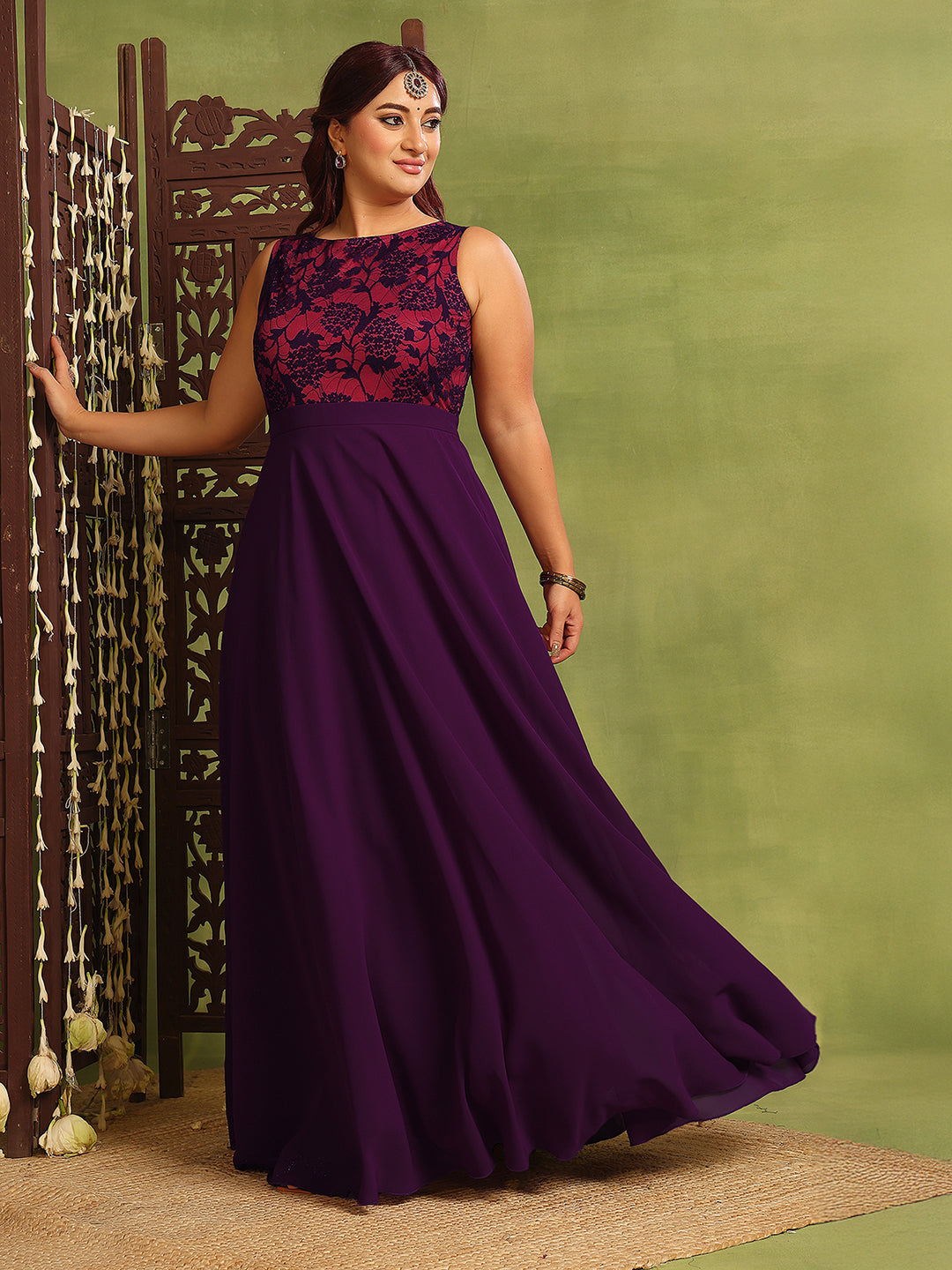 Women's Dark Purple Sleeveless Georgette & Lace Floral Fit & Flare Maxi Dress