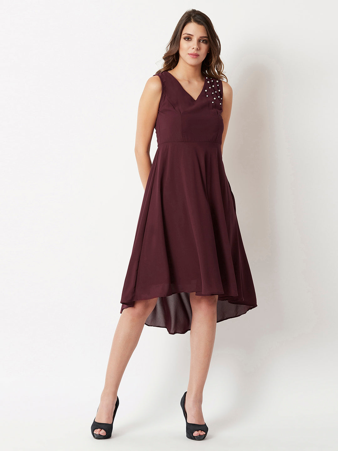 Maroon V-Neck Sleeveless Solid Pearl Detailing Knee-Long High-low Skater Dress for Women