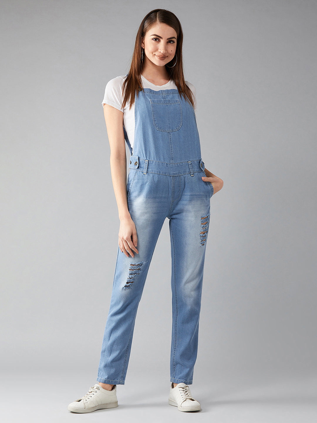 Women's Light Blue Regular Fit Mid Rise Regular Length Ripped Denim Dungaree