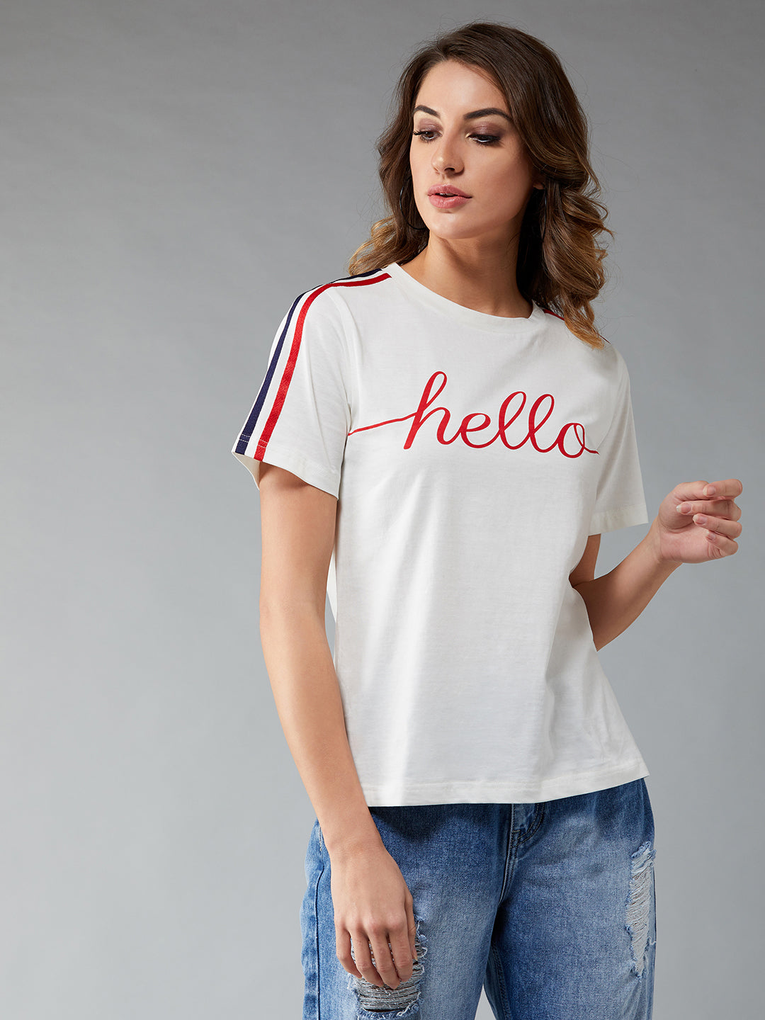 Women's White Round Neck Half Sleeve Printed Basic Regular T-Shirt