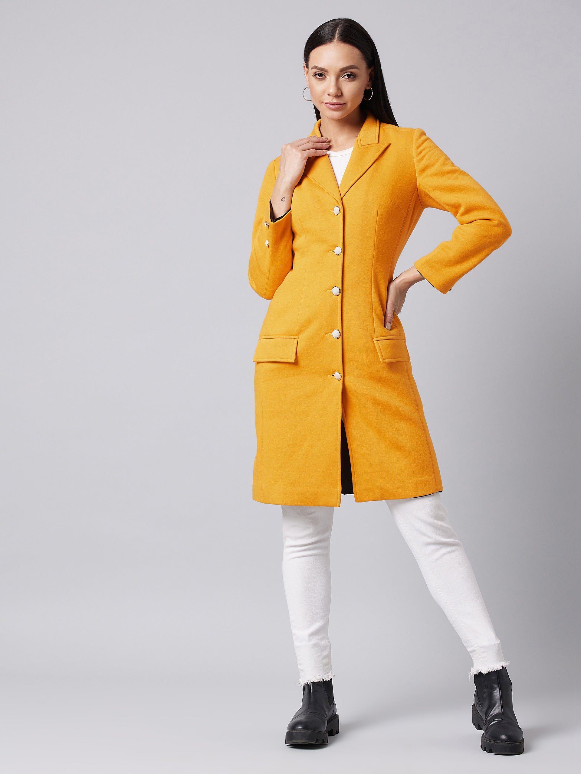 Women's Mustard Notch Collar Full Sleeve Solid Front-Open Knee Length Jacket