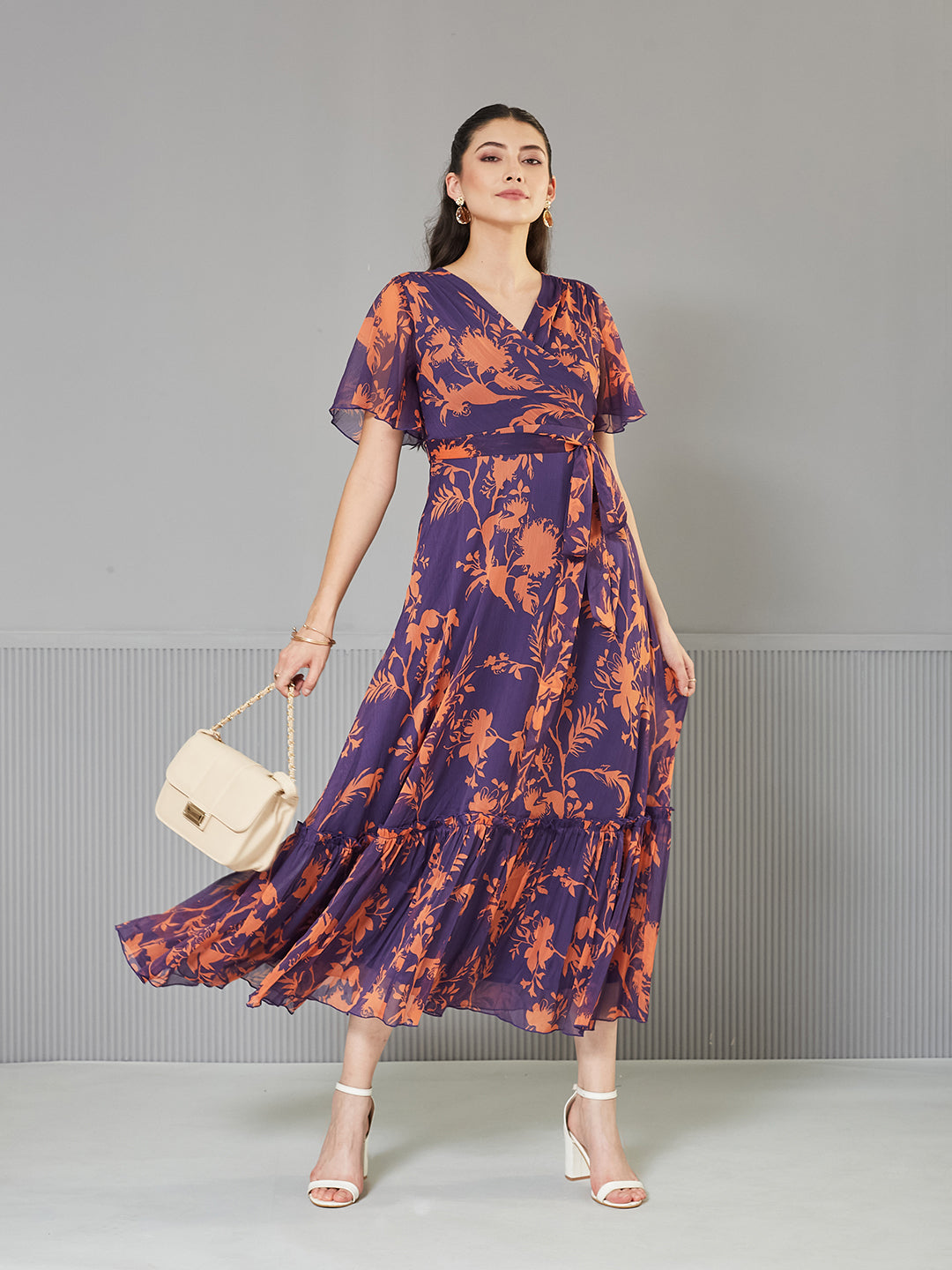 Women's Orange & Purple Floral Wrap Chiffon Maxi Dress with Flutter Sleeves & Frilled Hem