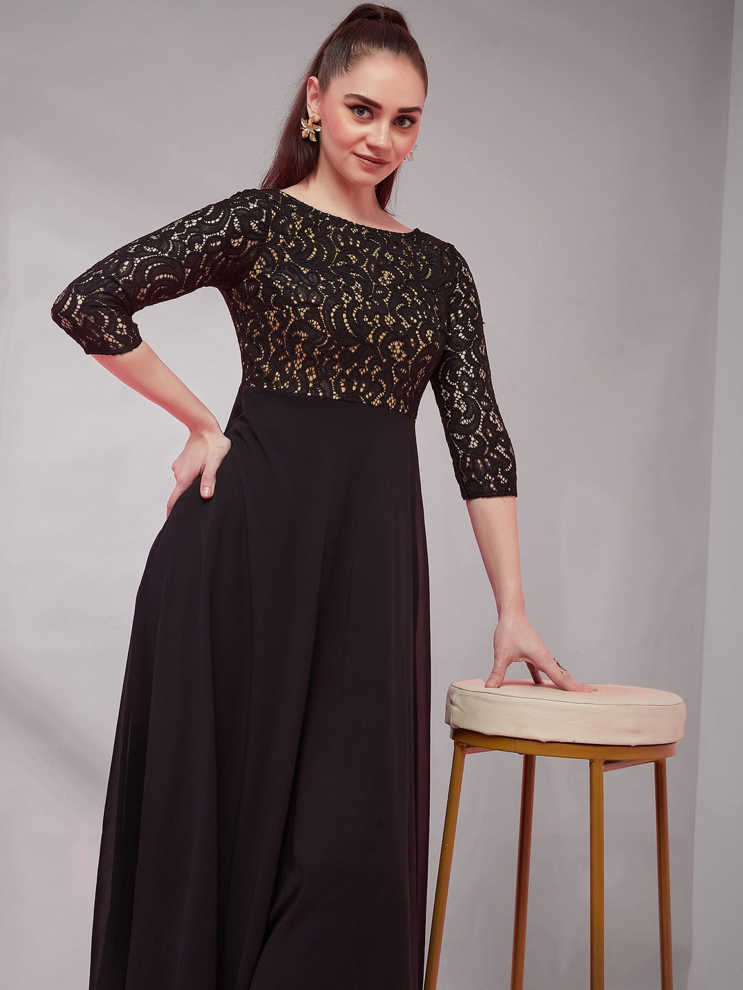 Black Self Design Boat Neck 3/4 Sleeves Side Pocketed Georgette Fit and Flare Maxi Length Dress for Women