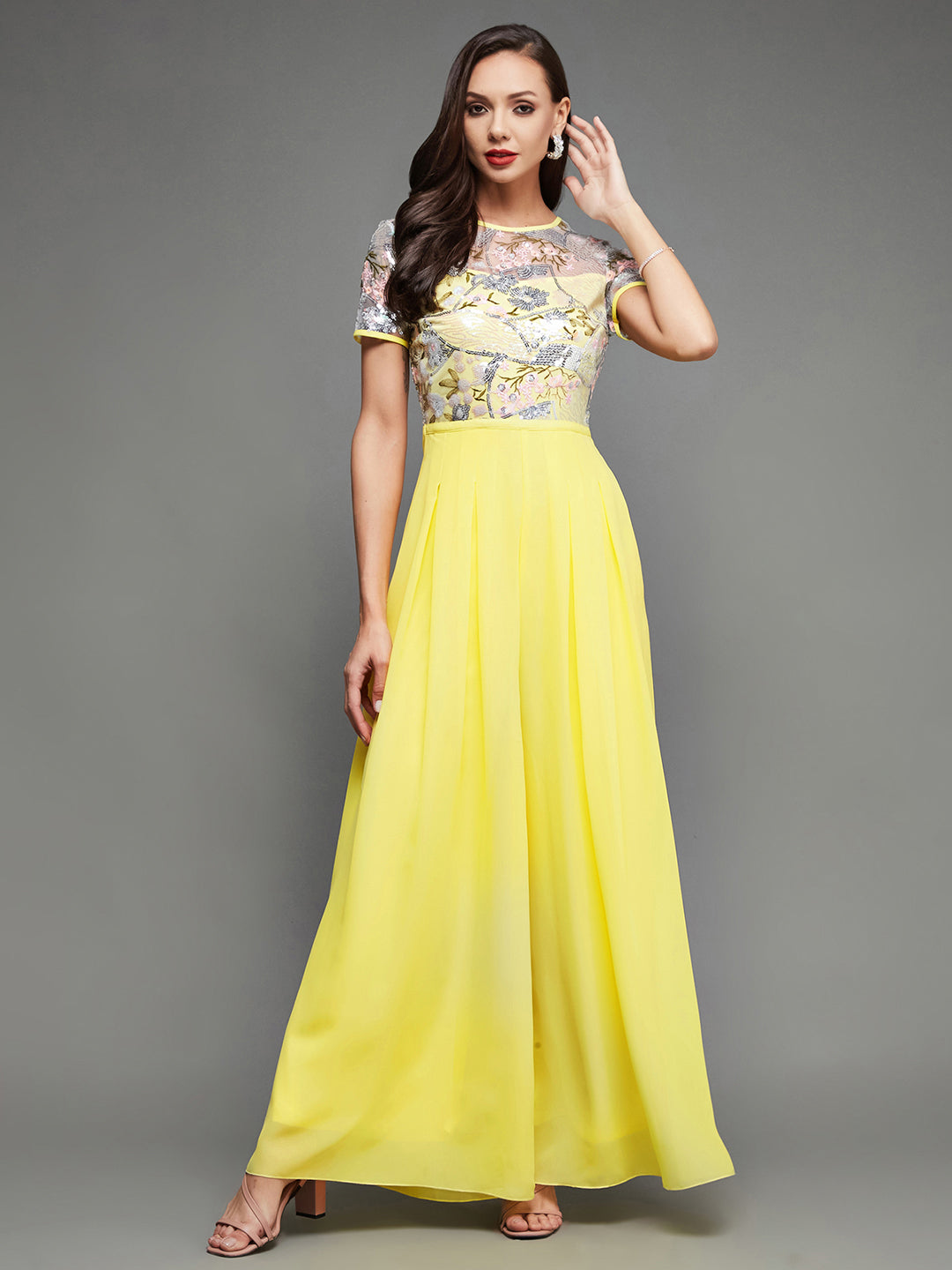 Women's Multicolored-Base-Yellow Round Neck Short Sleeve Floral Pleated Georgette Jumpsuit