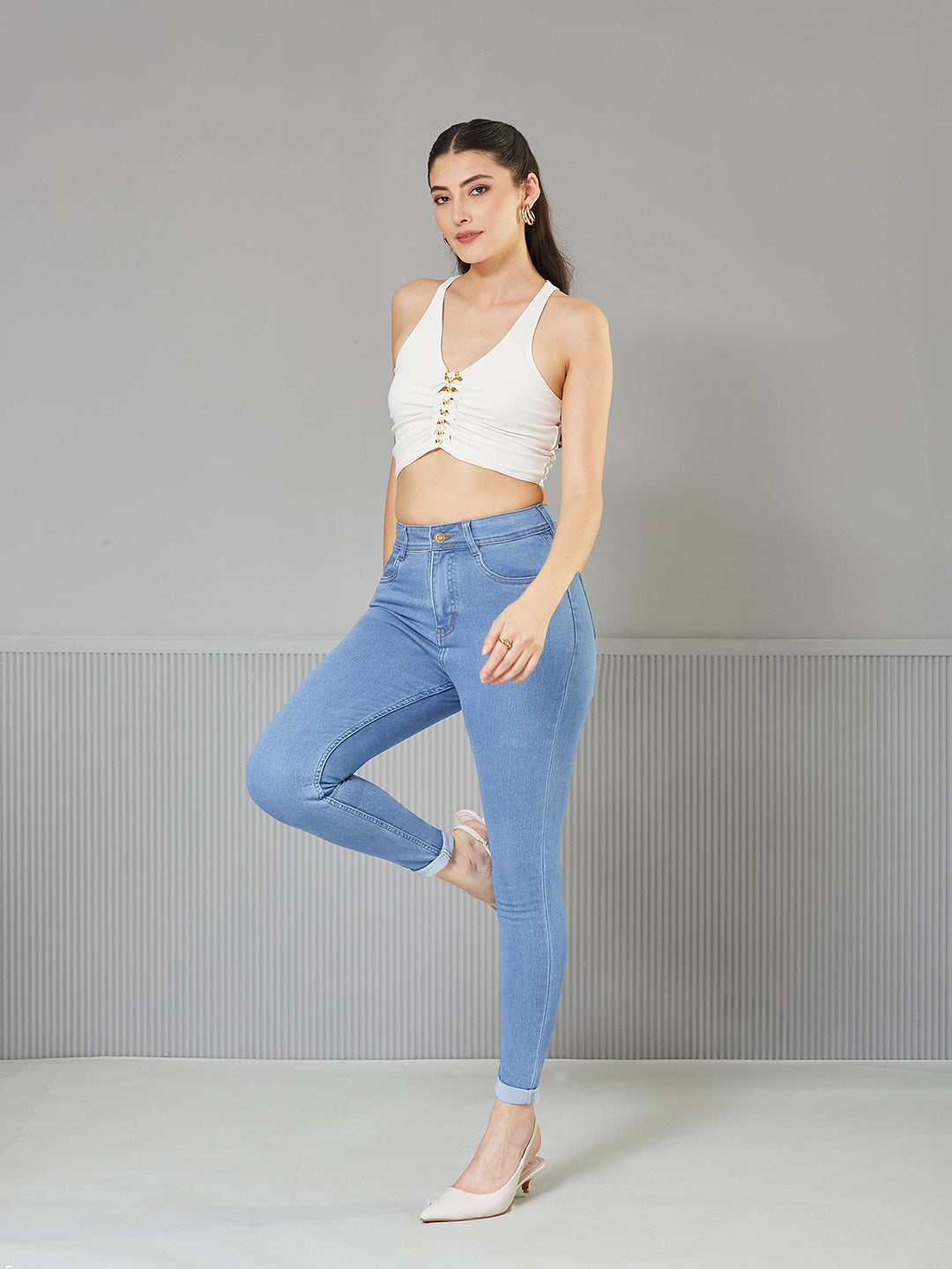 Women's Blue Skinny High-Rise Distressed Regular-Length Denim Jeans