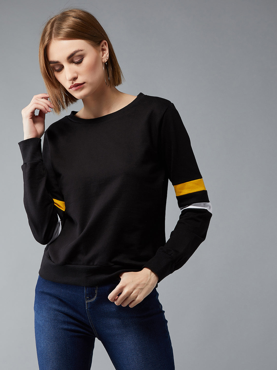 Women's Black Round Neck Full Sleeves Cotton Solid Boxy Colorblock Paneled Sweatshirt