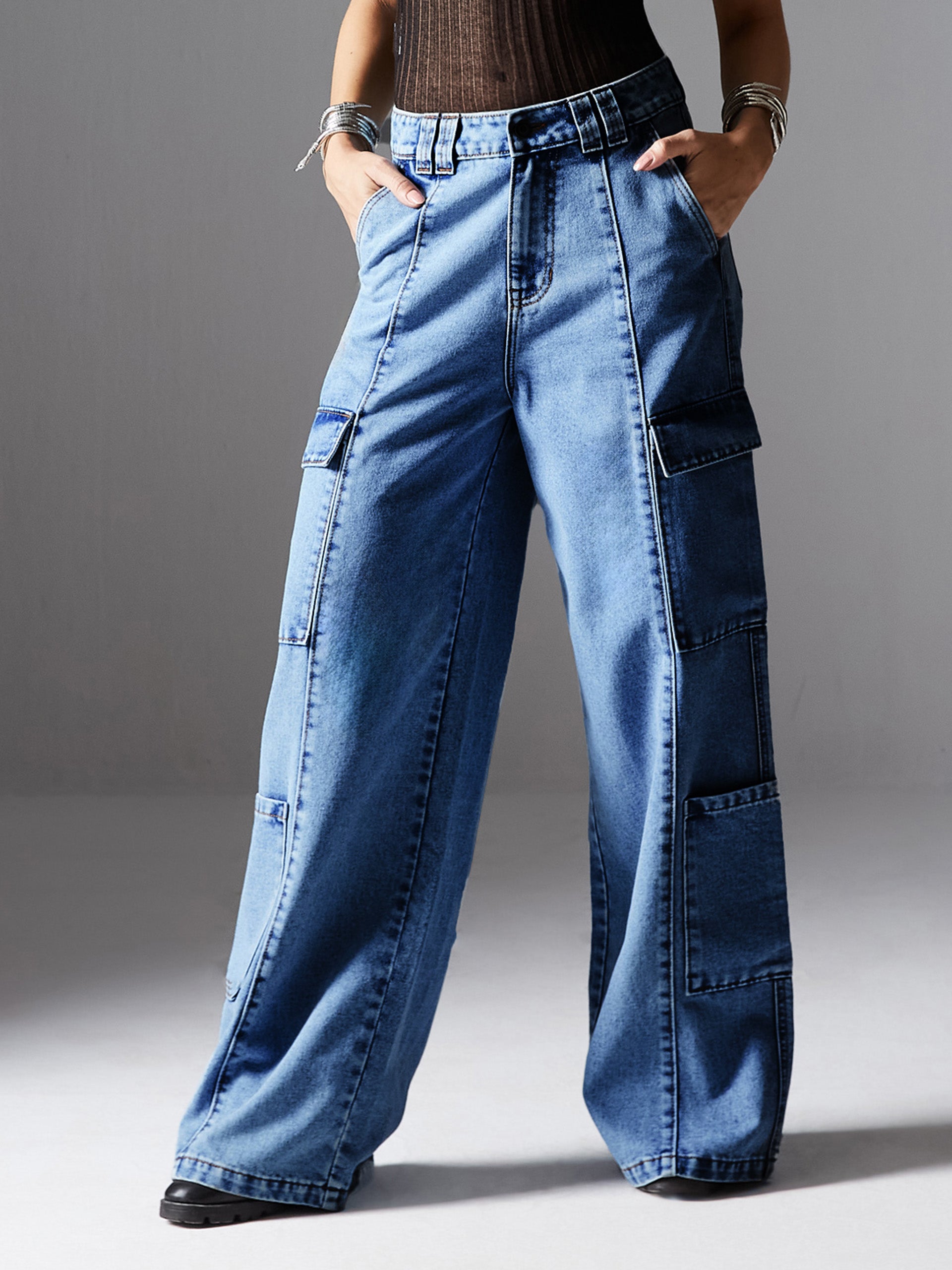 Premium Women's Light Blue Wide-Leg High Rise Denim Jeans