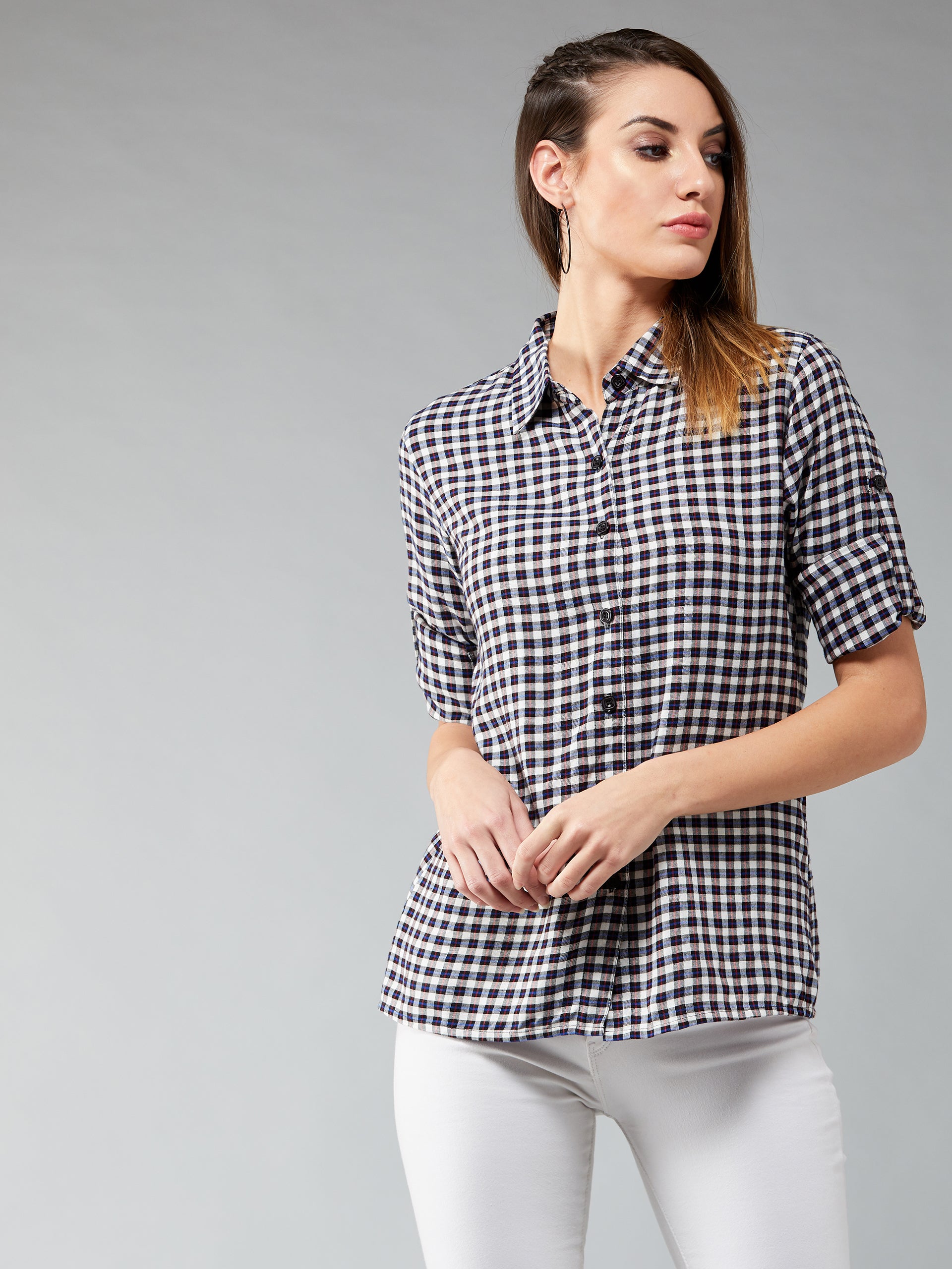 Women's Multicolored-Base-Navy Blue Round Neck Full Sleeve Checkered Basic Regular Length Shirt